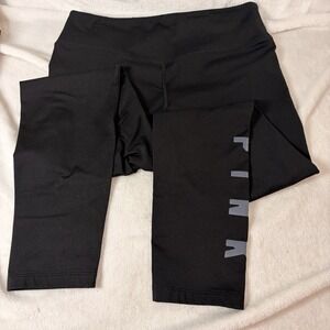 VS PINK Black Cozy Insulated Yoga Leggings Gray Logo Size Large High Waisted EUC